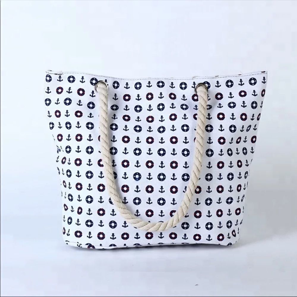 Large Capacity Cotton Zip Top Nautical Tote Beach Bag with Rope Straps